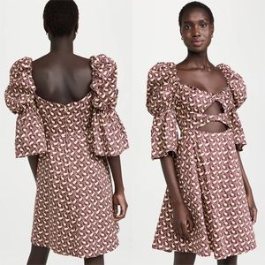 Autumn Adeigbo Jovie Dress Burgundy & Cream Paisley Print cut out puff sleeve